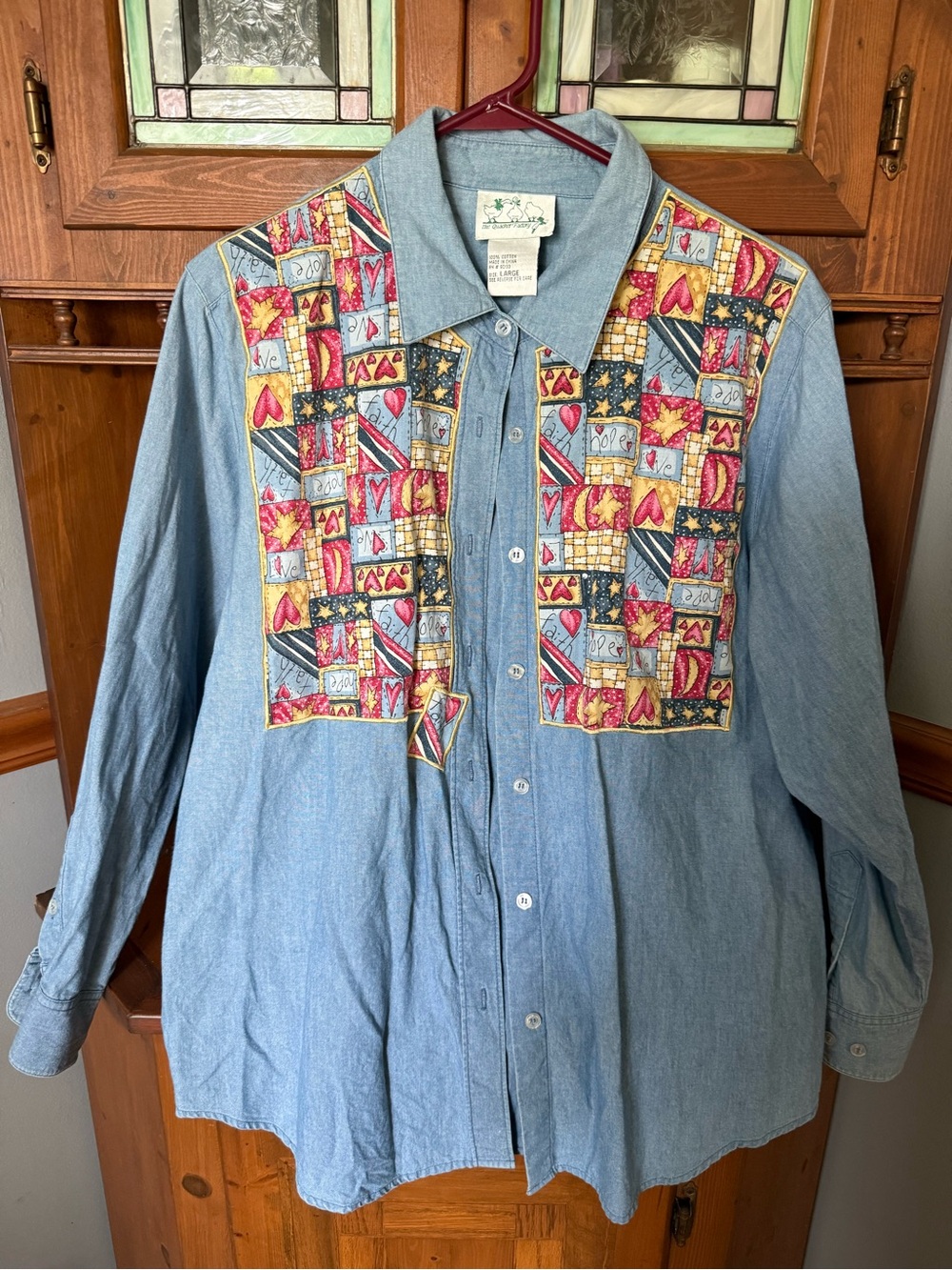 Vintage 90s Quacker Factory Patchwork Chambray Shirt Blue Long Sleeve L